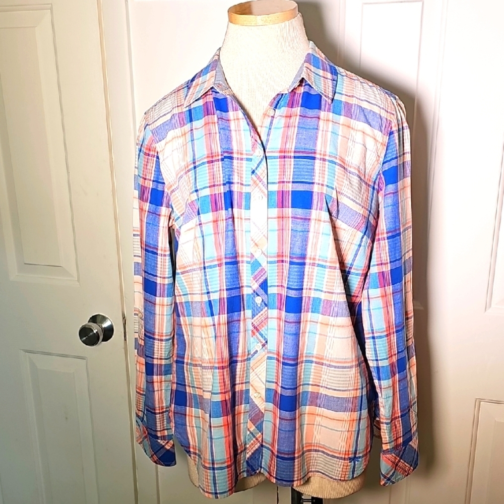 Talbots Blue and Pink Casual Button Down Shirt. Size 14 W/ Tab Sleeves. Costal